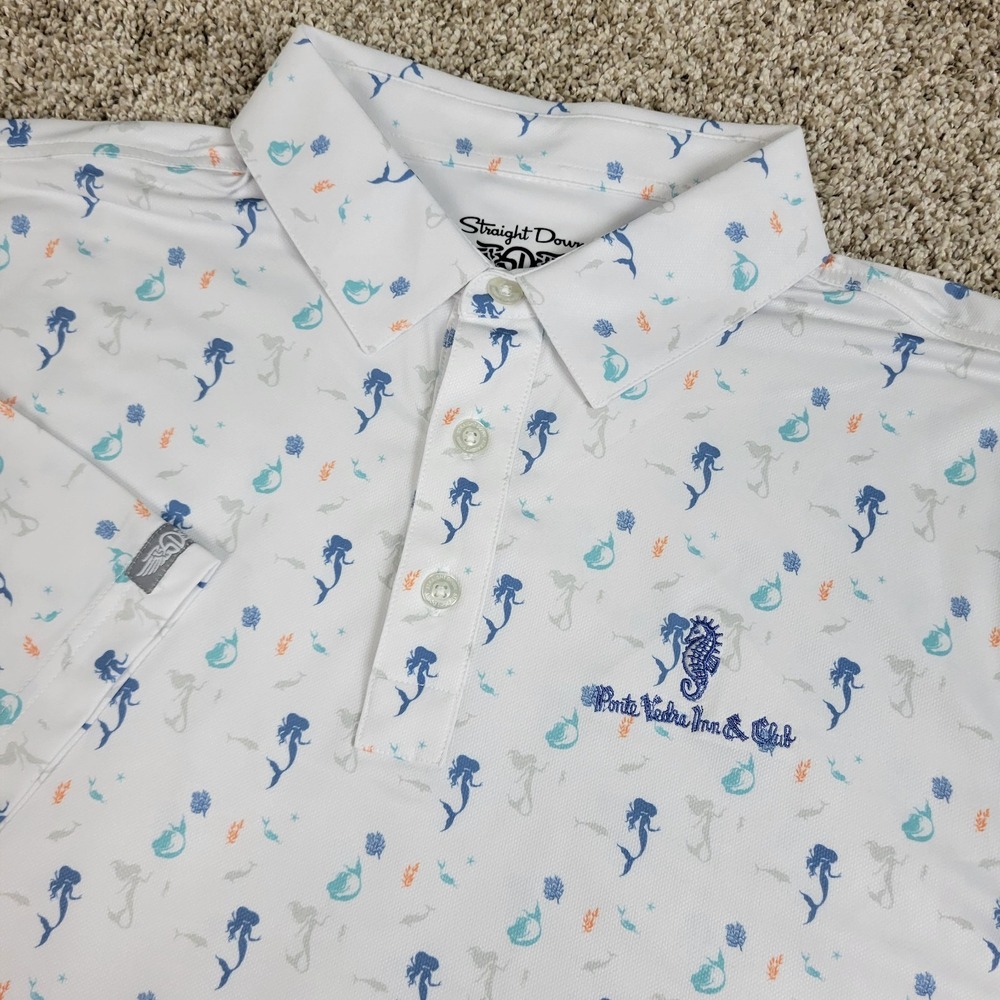Straight Down Mens XL White AOP Mermaids Dolphins Performance Stretch Golf Polo